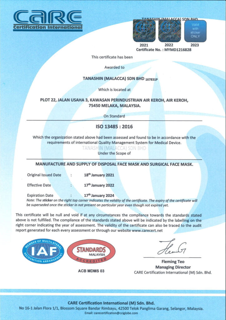 Tanashin ISO 13485 2016 Certificate